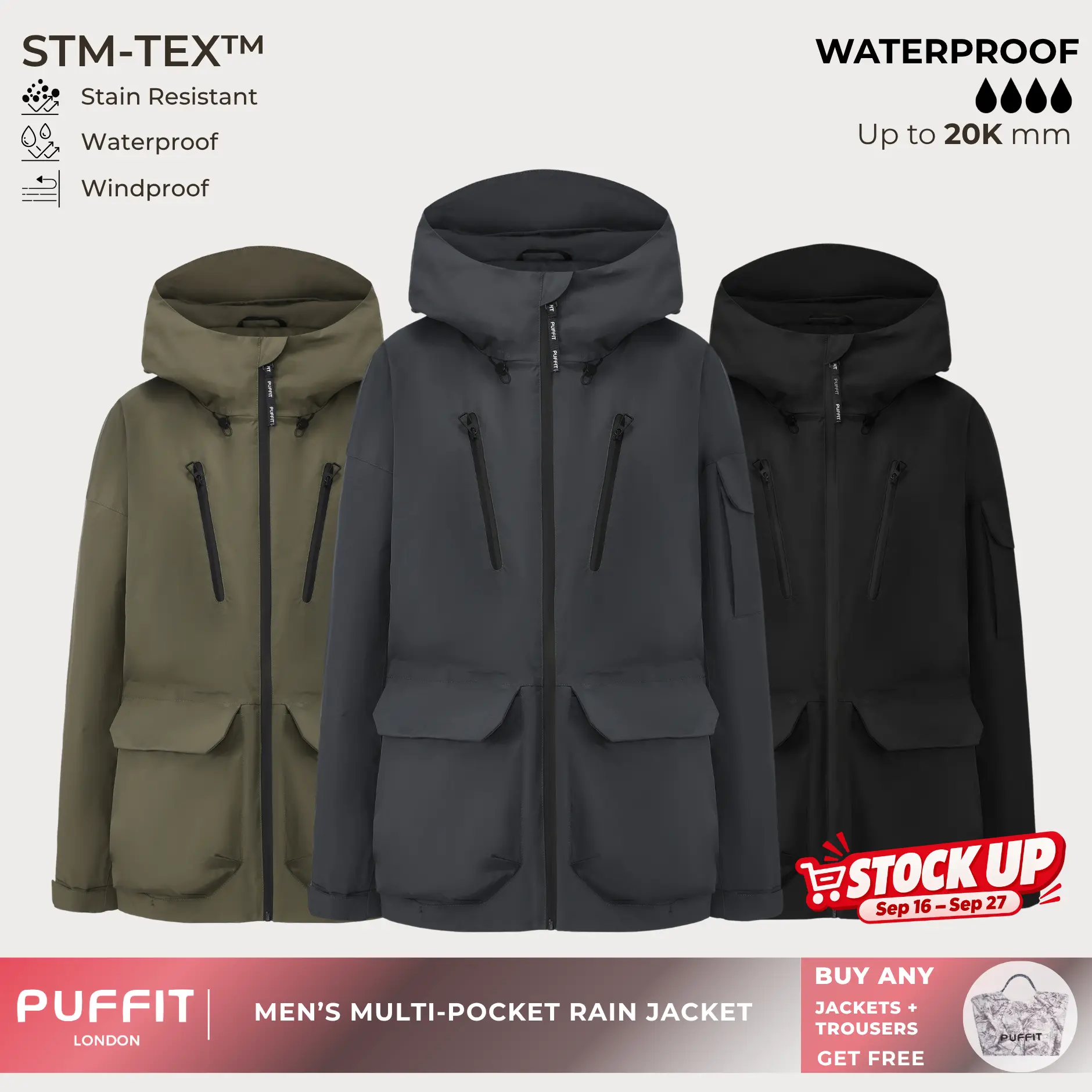 PUFFIT STM-TEX Men’s Multi-Pocket Raincoat,Offering Waterproof,Stain-resistant,Windproof Properties,With 20,000mm Water Column For High Waterproof Performance,Shell Jacket,Windbreaker,Dog Walking,School Running,Fall & Winter Jacket,2026 Shopping