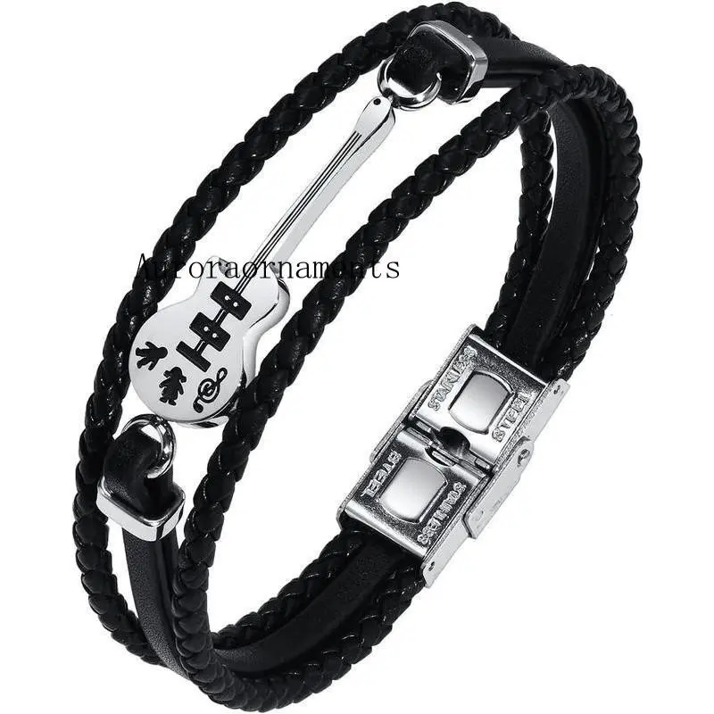 &UnisexStainlessSteelGenuineLeatherGuitarBraceletHandmadeBraidedMulti-LayerWristbandMusicalBraceletForMenWomen,MusicEnthusiastGift
