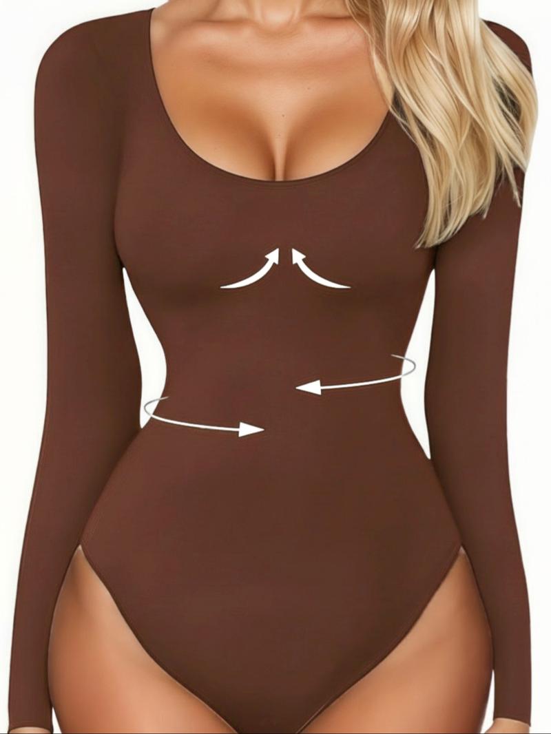 Women's Ribbed Abdomen Control Bodysuit, Long Sleeve Seamless T-Shirt, Comfortable Scoop Neck Bodysuit Stretchy Basic Tops, Fit Soft Elastic Fabric, Perfect for Daily Wear and Going Out, Shapewear for Fall&Winter