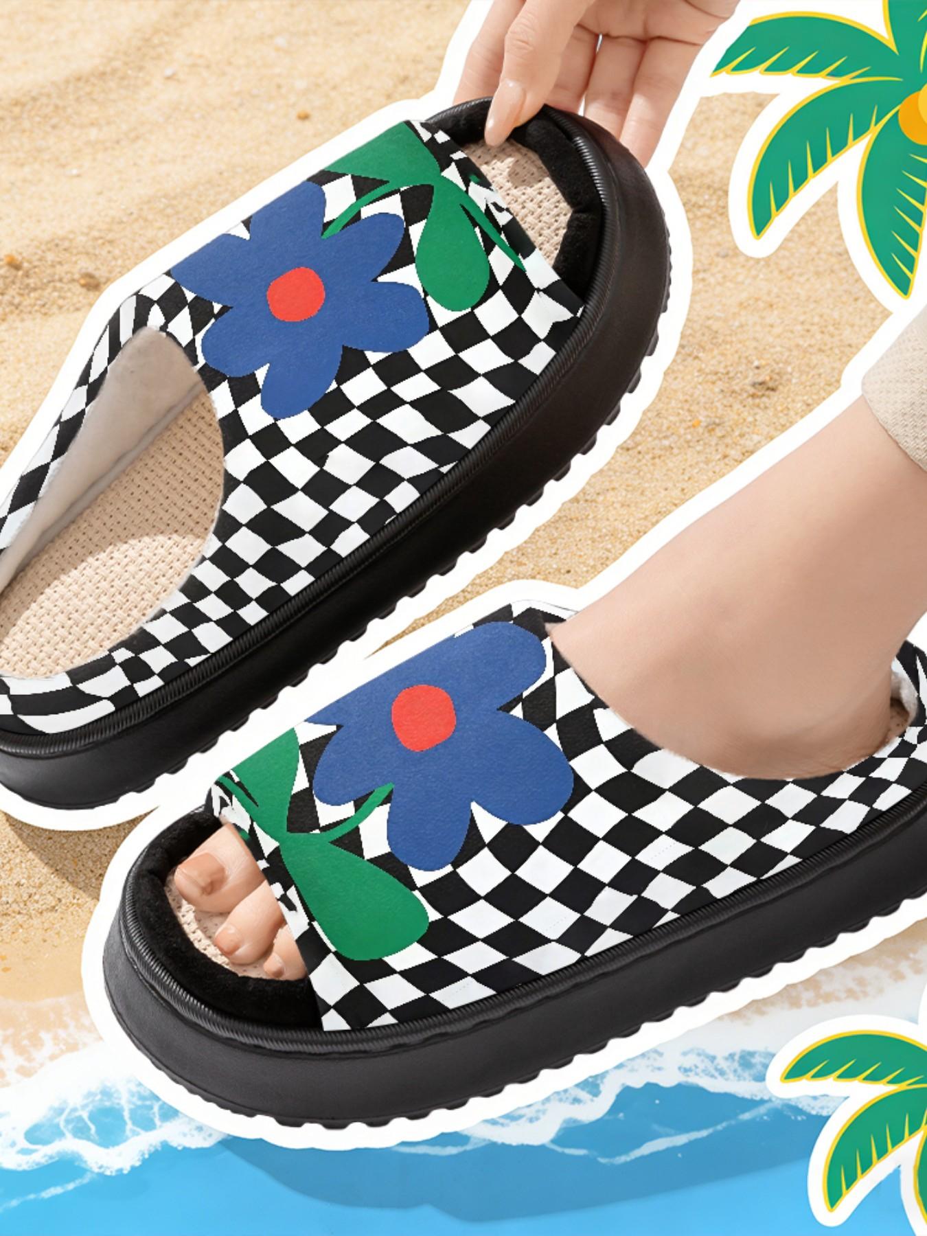 Blue Floral Unique Print Linen Open-Toe Sandals, Casual Textile Eva Sole, All-Season Less Than Ankle Height, Cartoon Pattern Design