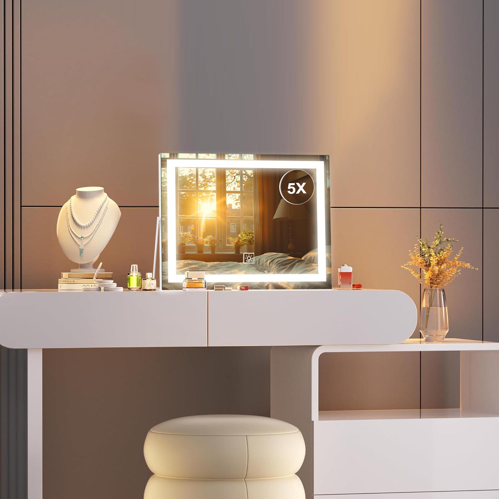 LED Lighted Makeup Mirror with Detachable 5X Magnification – Illuminated Vanity Mirror with Smart Touch Control, 3 Color Modes & Stepless Dimming – Dimmable Hollywood Mirror for Flawless Makeup – Gift for Women