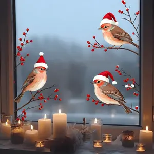 1PC Three Birds in Santa Hats Window Stickers, Christmas Theme, Self-adhesive Decals, Red Berry Branches Decorative Wall Stickers, for Glass and Window, Holiday Home Decor