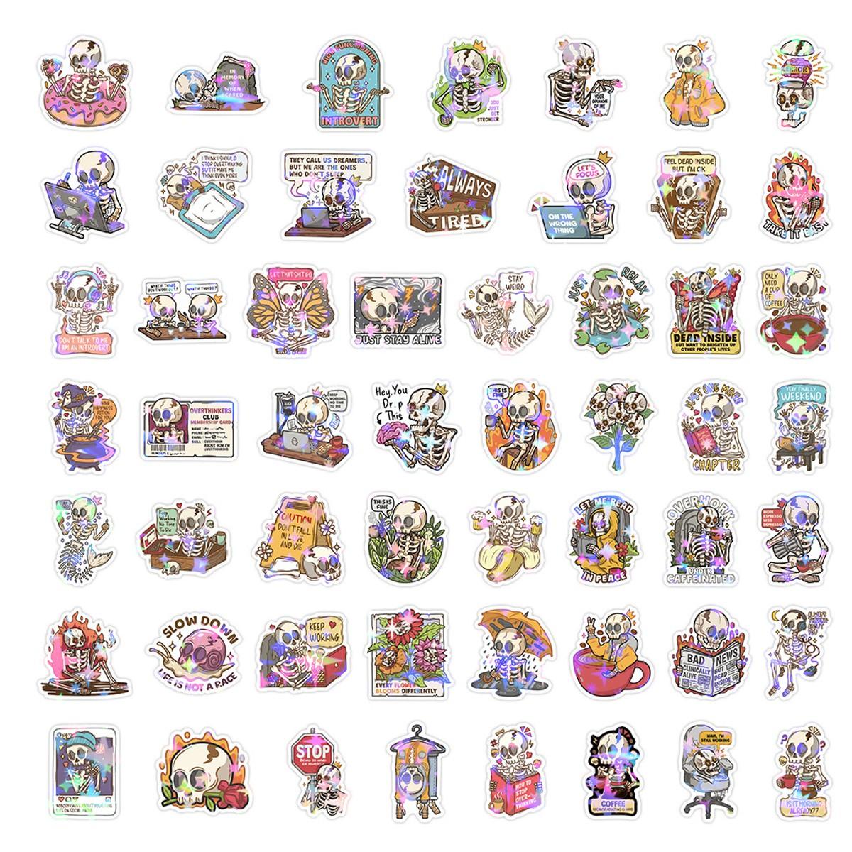 1Pc 50PCS Holographic Skull Stickers Funny Cute Waterproof Vinyl Decals Aesthetic Cartoon Graffiti Sticker Pack for Laptop Water Bottle Phone Case Skateboard Helmet Scrapbook DIY Decor Gift Spring Summer Party Supplies