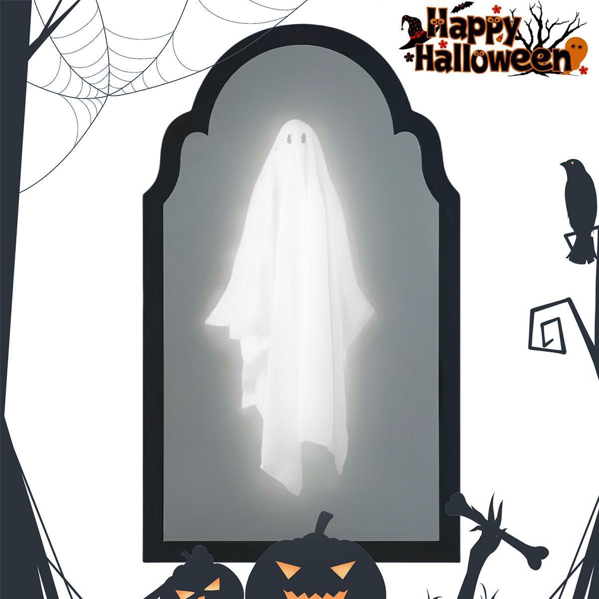 Ghost Mirror Halloween Decor – LED Holographic Ghost Illusion Mirror, 2-in-1 Daytime Mirror Nighttime Ghost, Spooky Tabletop Decoration for Mantel Shelf Party, Creepy Cute Gift for Kids Adults