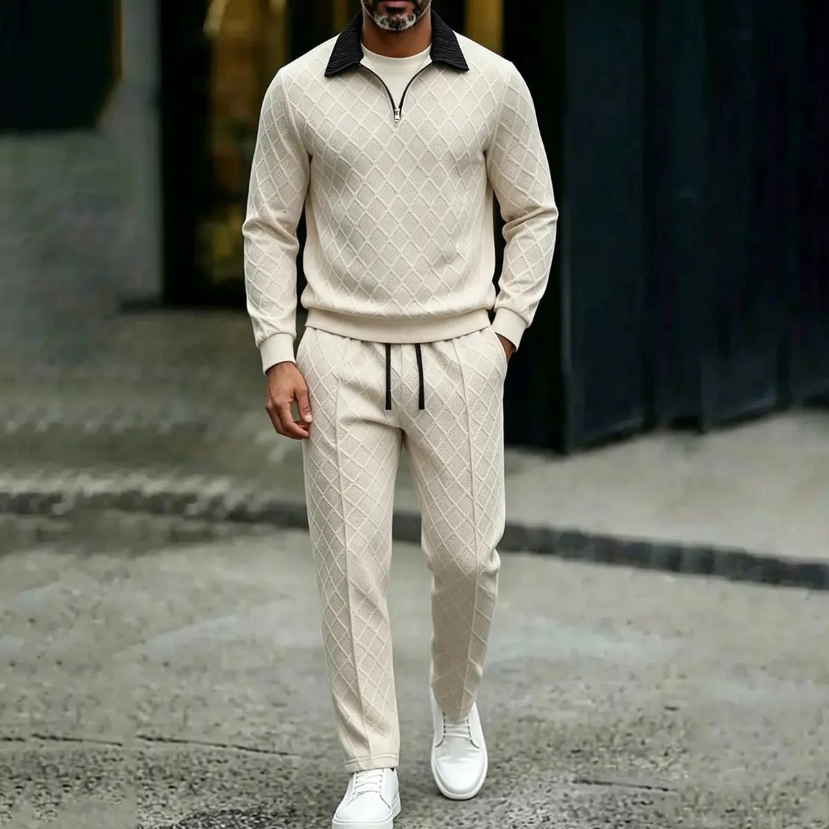 Fashion Men Rhombus Textured Two Piece Tracksuit, Half Zip Contrast Black Lapel Pullover Sweatshirt and Elastic Waist Drawstring Trousers, Elegant Solid Beige Casual Sport Suit, Comfort Outfit for Daily Life, Travel, Dating and Urban Street Style