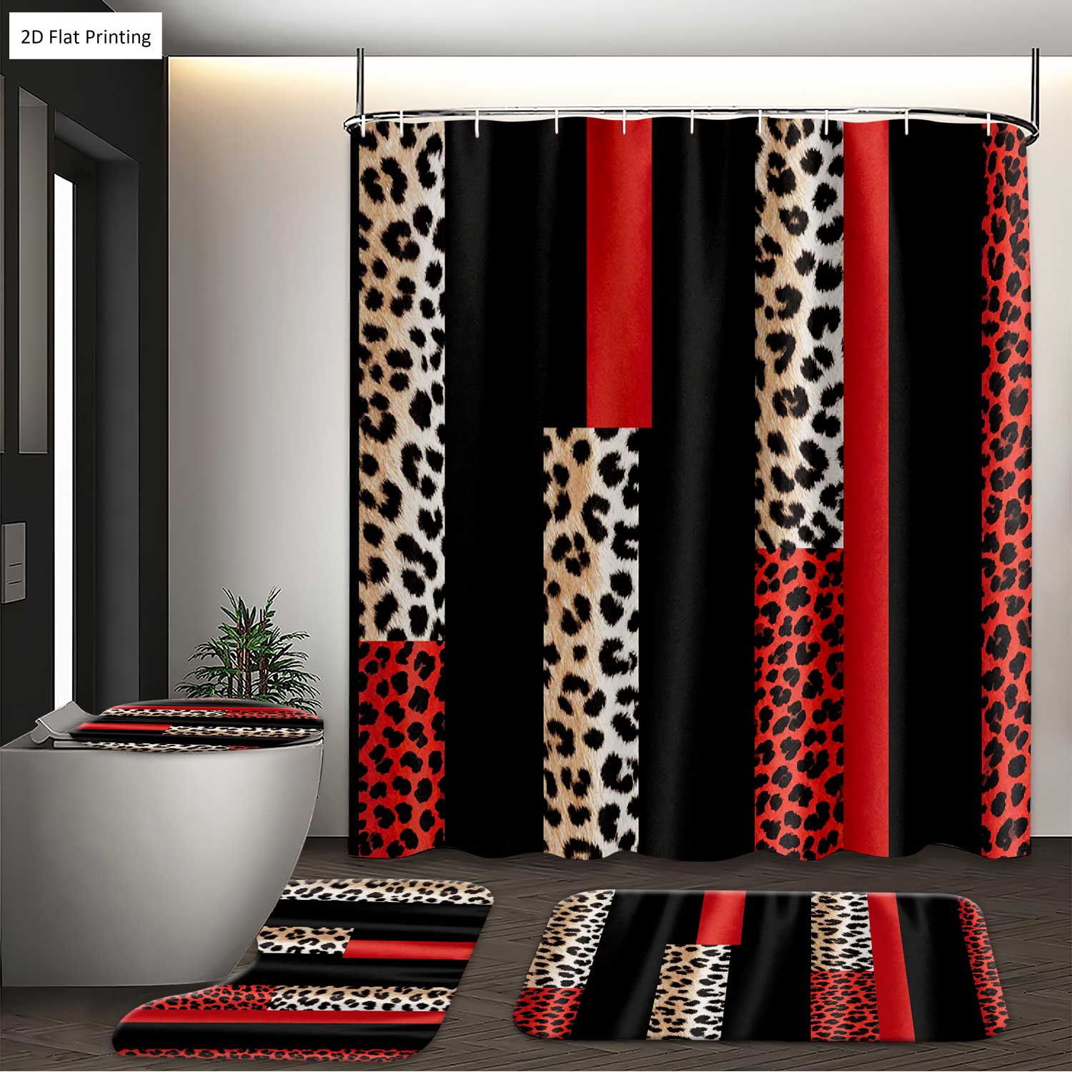 1/4PCS LEOPARD PRINTED IN RED AND BLACK Shower Curtain Set with Rugs, Non Slip Bath Mat, U-Shape Carpet, Toilet Lid Cover, Bathtub Curtain Accessories, 12 Hooks, Home Bathroom Festival Decor