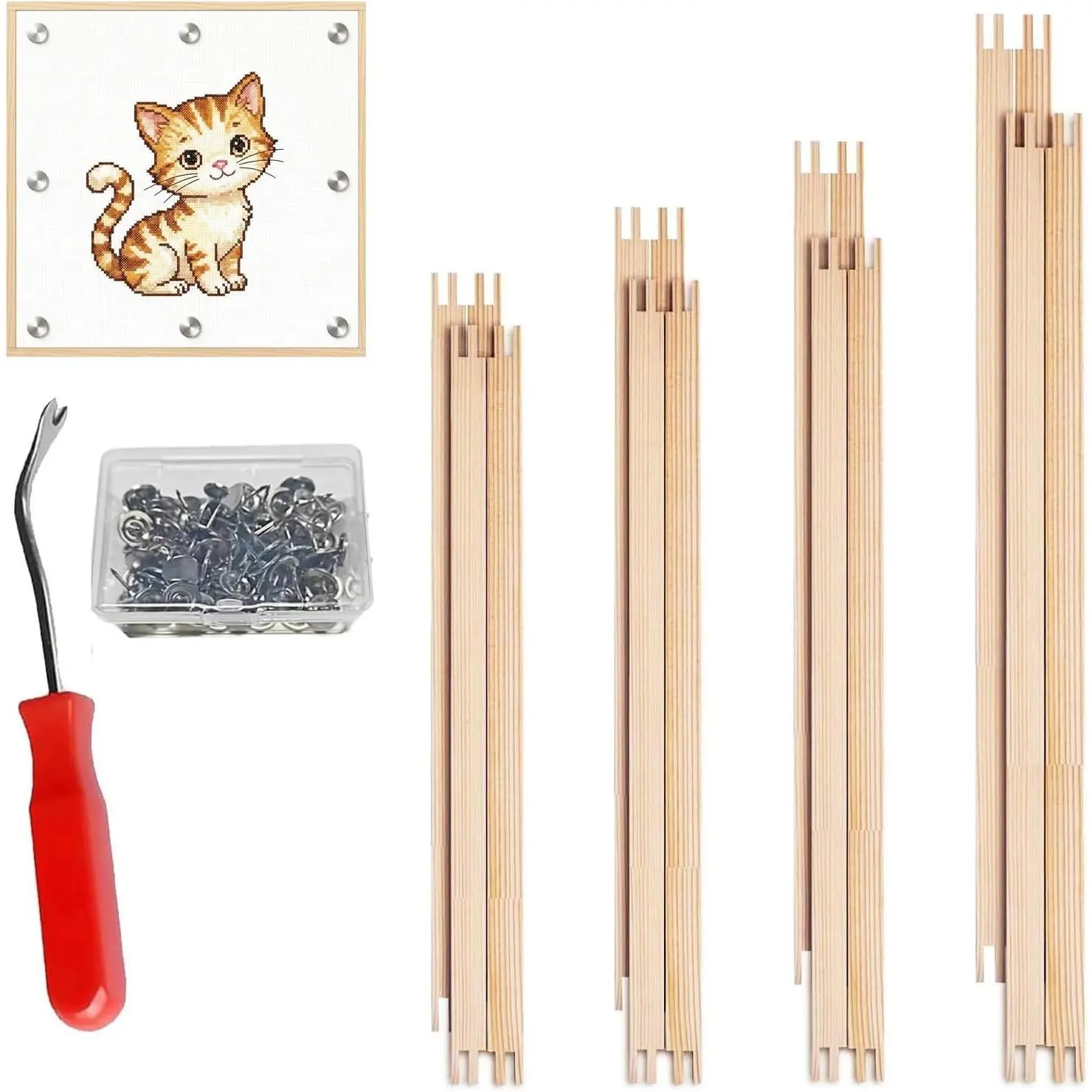 16 Pcs 4 Sets Stretcher Bars for Needlework Canvas Stretcher Bars 10 Different Size Combinations Embroidery Stretcher Bars for Cross Stitch Frame Set with Thumbtack and Remover Tool(Small Size)