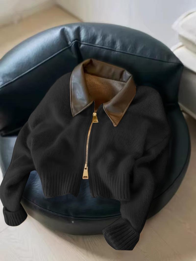 Fashion Casual Leather Collar Zipper Short Knit Cardigan Jacket, Long Sleeve Loose-Fitting Colorblock Design for Fall & Winter