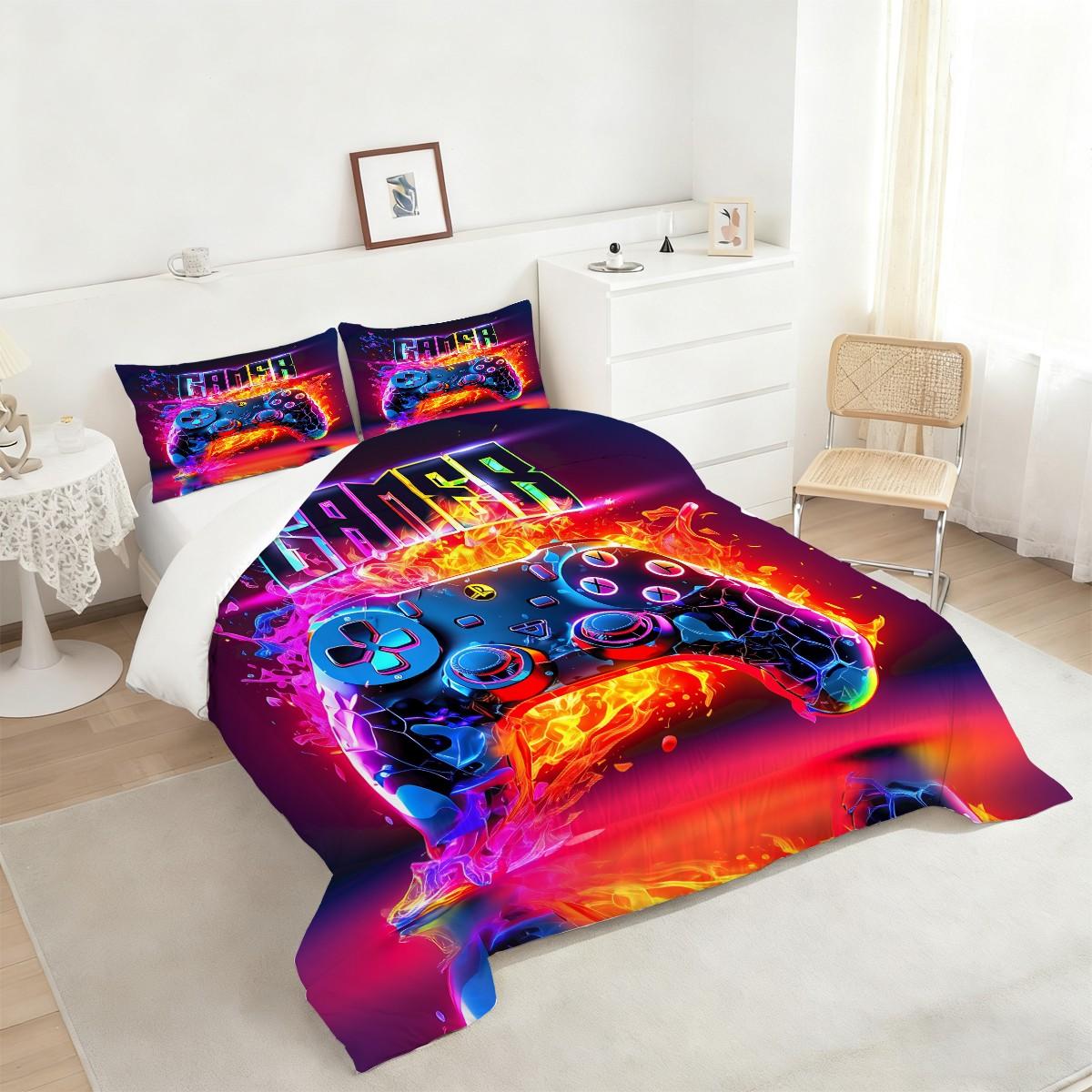 Futuristic and Energetic Gaming Controller 2/3pcs Comforter Set, Flame and Neon Light Effects Create a Dynamic and Dynamic Bedding Set, Soft and Comfortable, Personalized and Vibrant Style,Adding Allure and Fun 1 or 2 Pillowcase No Pillow Core.