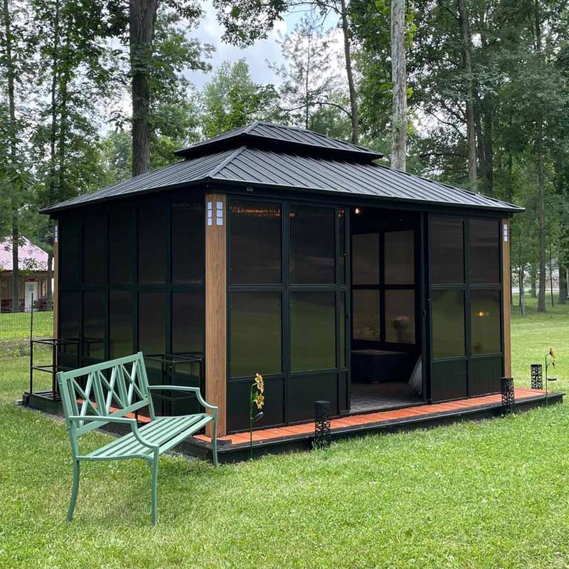 PURPLE LEAF 12' x 14' Hardtop Gazebo For Patio | Screen House Wood Grain Aluminum Solarium Canopy