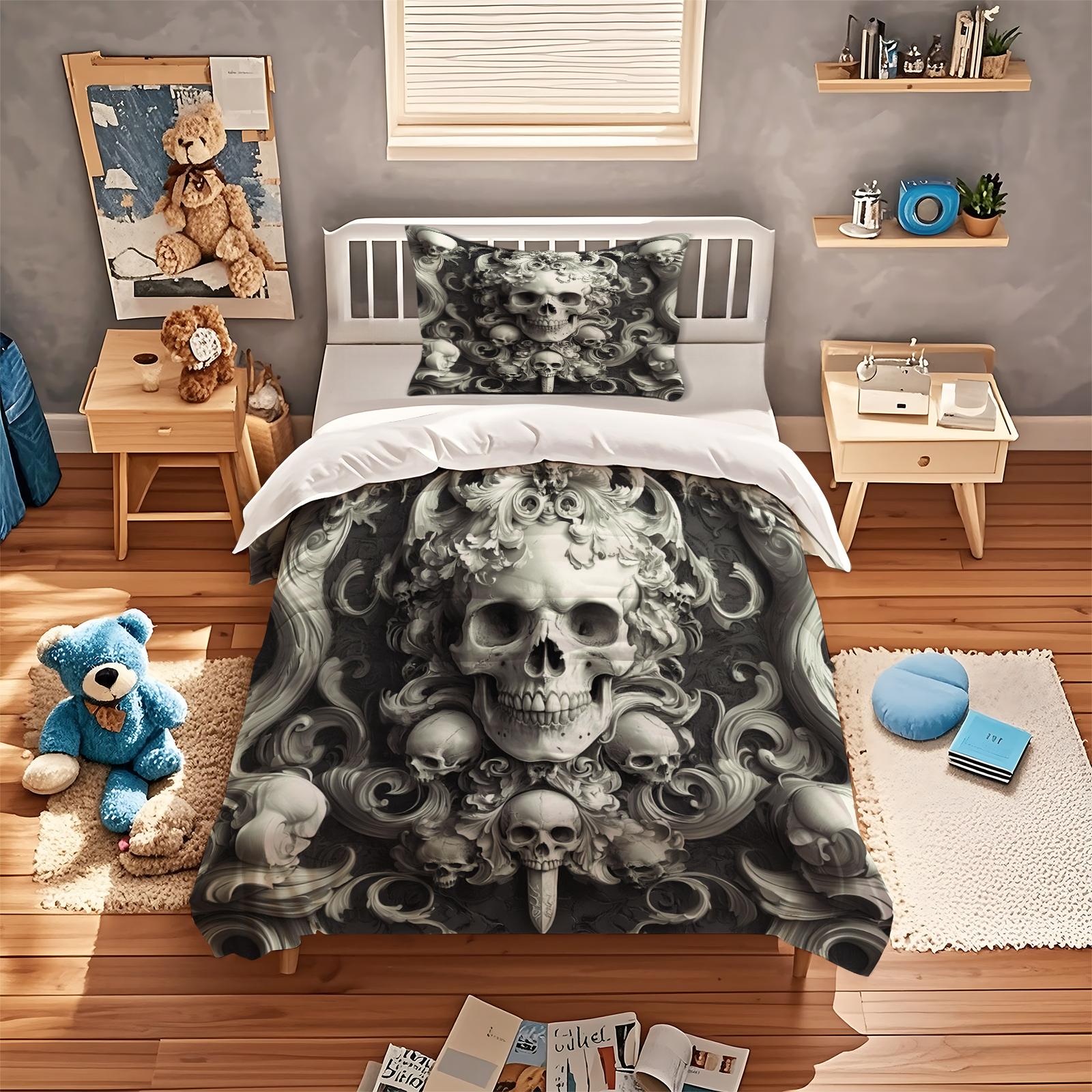 Skull Pattern Soft Durable Decorative Bedding Set, Includes 1 Fitted Sheet and 1 or 2 Pillowcases, No Cotton Inner Core, Ideal for Daily Use, Holidays, Birthdays