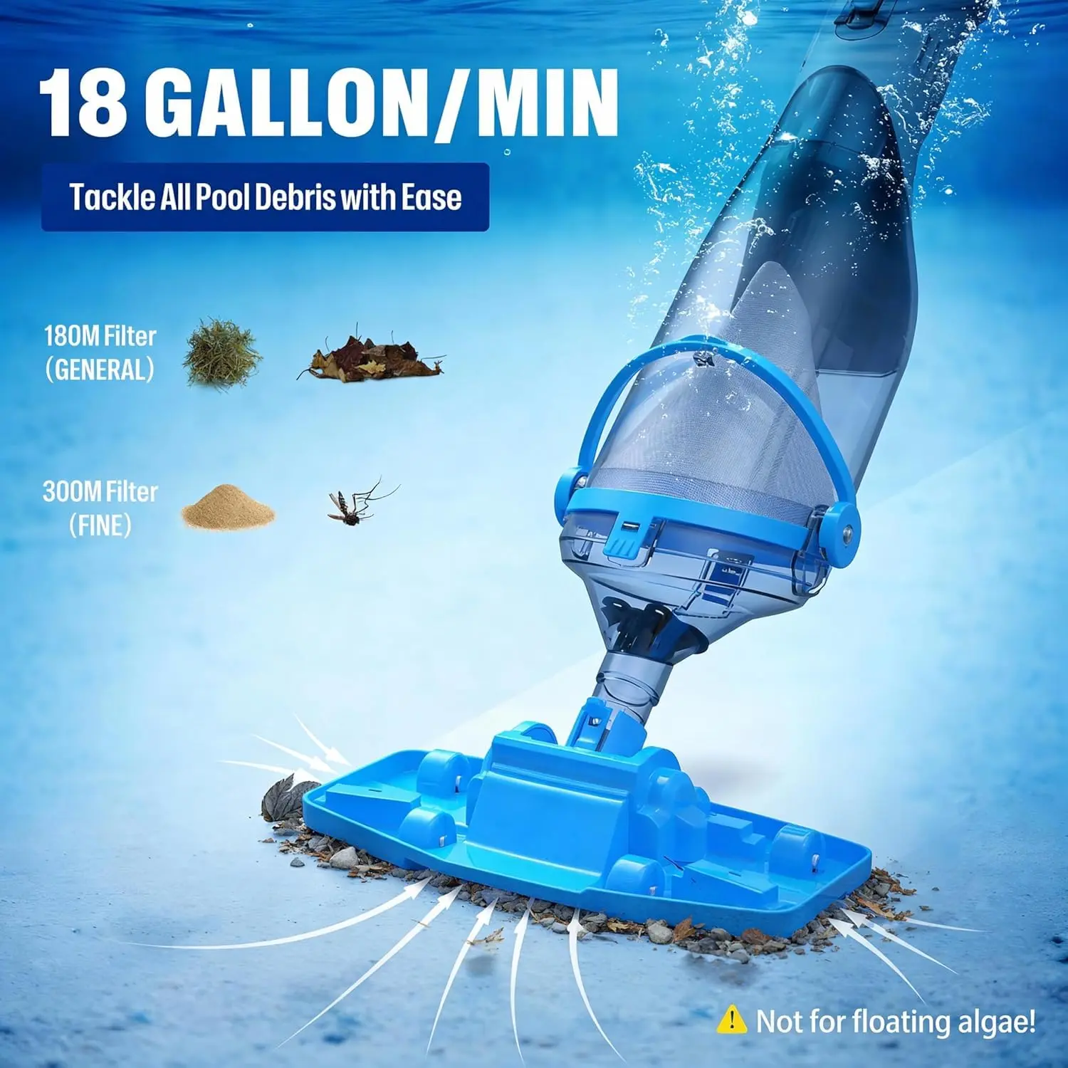 Cordless Handheld Pool Vacuum with Telescopic Pole, Rechargeable Handheld Hot Tub SPA Pool Cleaner Vacuum for Above Ground/Inground Pools, 18.5GPM Powerful Suction, Running Time Up to 1H