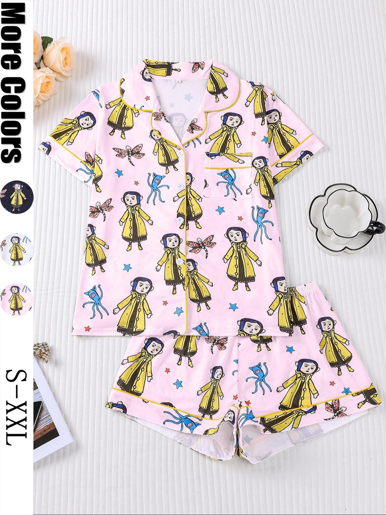 Women's Monkey Print Pajama Set, Short Sleeve Button Front Top & Elastic Shorts, Casual Home Wear, Comfortable Sleepwear, Loungewear