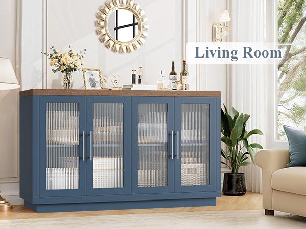 FOTOSOK Buffet Cabinet with Storage, 55.1" Large Sideboard with 4 Glass Doors, Kitchen Cabinet Buffet Table, Wood Coffee Bar Display Cabinet