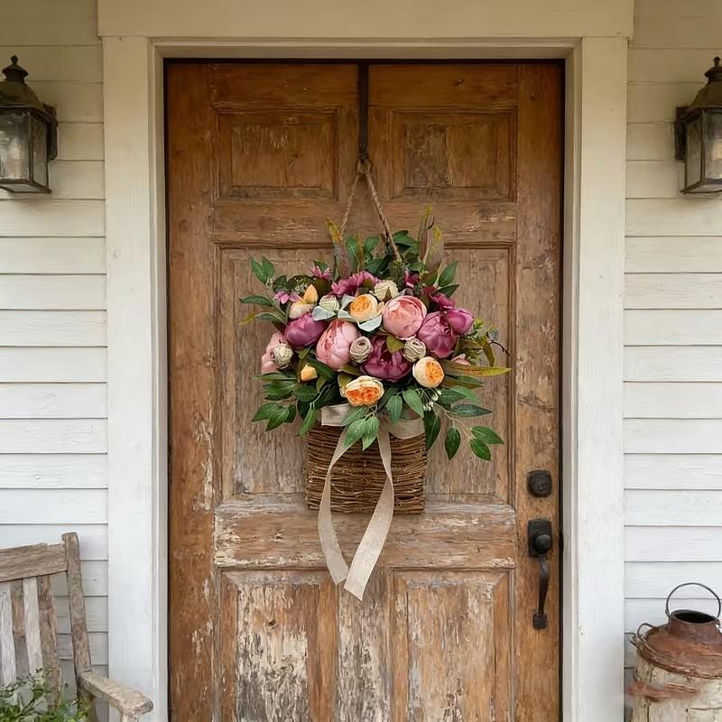 Peony Flower Door Basket Wreath, Spring Summer Wall Hanging Decor, Includes Hydrangea, Plastic Wreath for Front Door, Mother's Day, Daily Decor