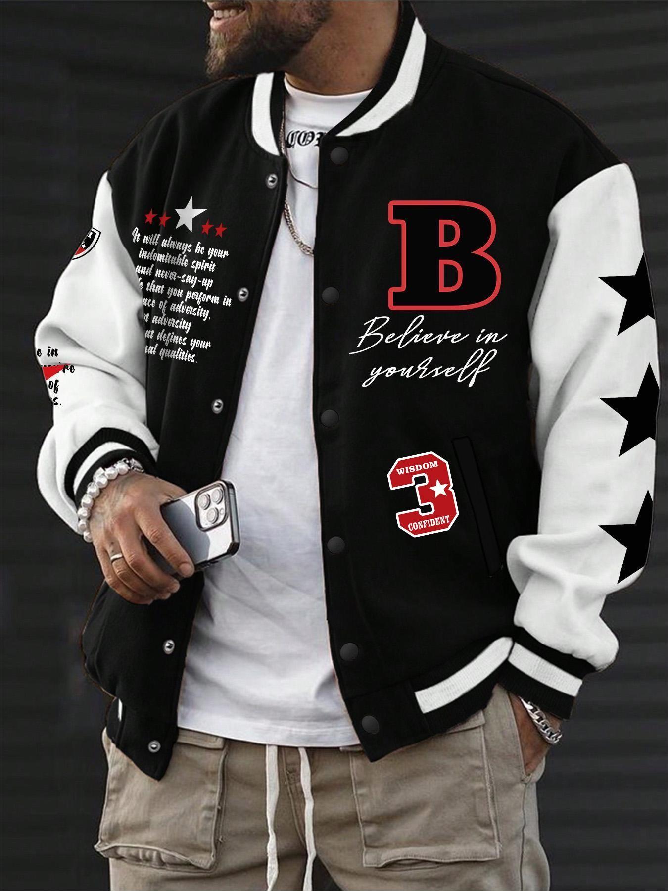 Men's Plus Size Streetwear Graphic Baseball Jacket, Hip-Hop Style, Perfect for Casual Daily Wear, Ideal Gift for Men, Trendy and Comfortable, Coats