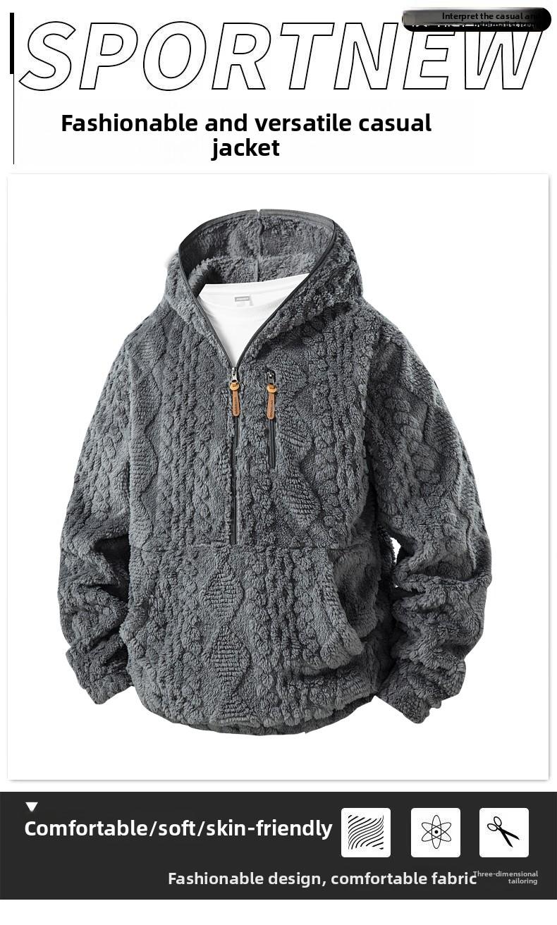 Men's Warm  relaxed fit outer Jacquard Fabric Loose-Fit Full-Zip Hoodie Jacket - Plush Texture Plain Hooded Outer Coat with Decorative Zipper Pull, Kangaroo Pockets, for Outdoor Indoor, Urban Commute, Menswear Tops