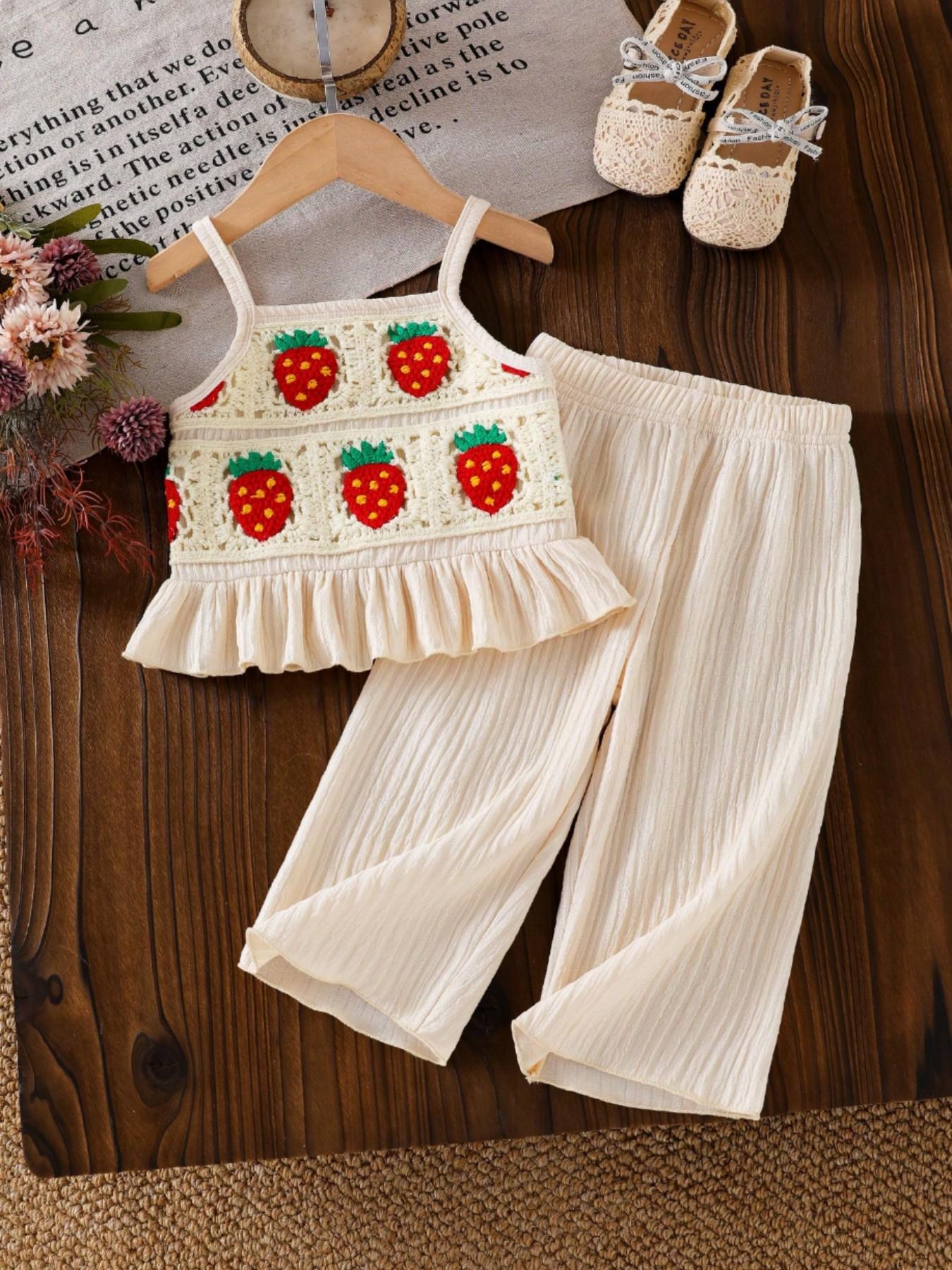 Girls' Strawberry Pattern Ruffle Halter Top with Matching Long Pants, Summer Fashion Set, Ideal for Daily Outings and Beach Wear