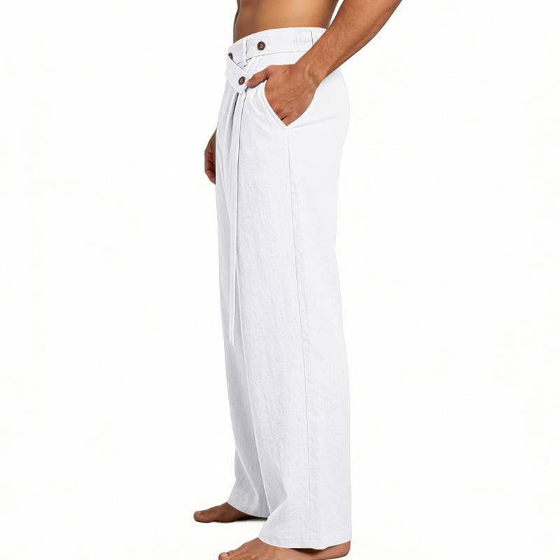 Men's 2026 Spring Summer Plain Linen-Cotton Fabric Wide Leg Trouser, Irregular Cross Buckle Waist, Loose Fit for Big-Tall Menswear, Ideal for Beach Vacation & Daily Commute (Polyester-Blended Option Available)