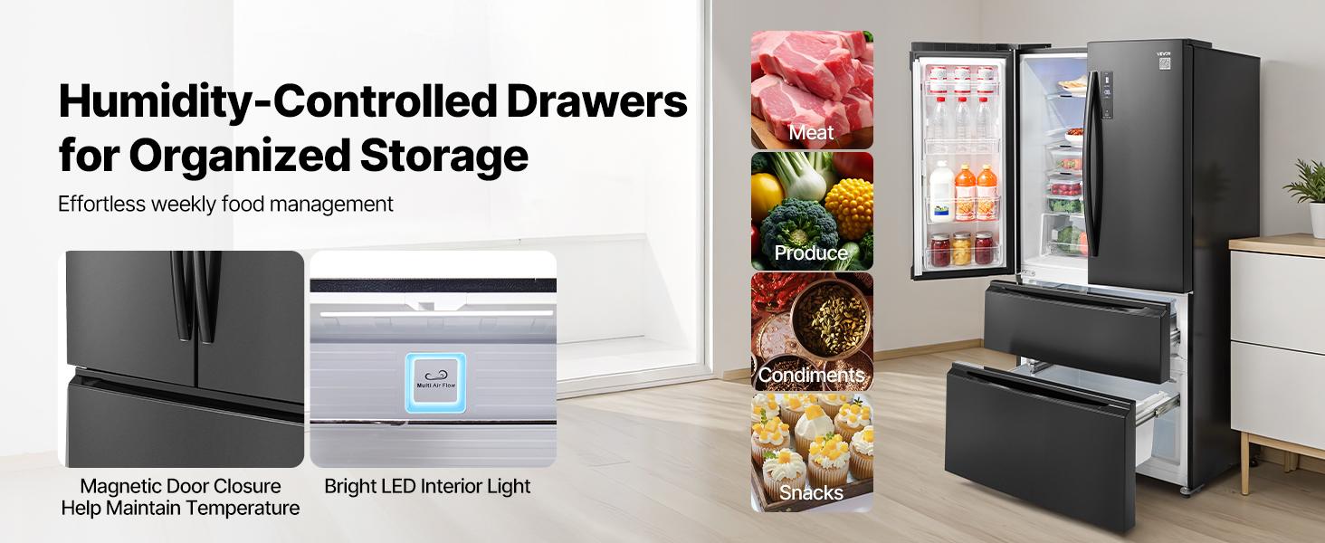 VEVOR French Door Refrigerator, 18.9 Cu. Ft. Kitchen Fridge, Counter Depth French Refrigerator with LED Display and 4 Casters, Frost-Free Bottom Freezer Refrigerators for Home Commercial Use, Black