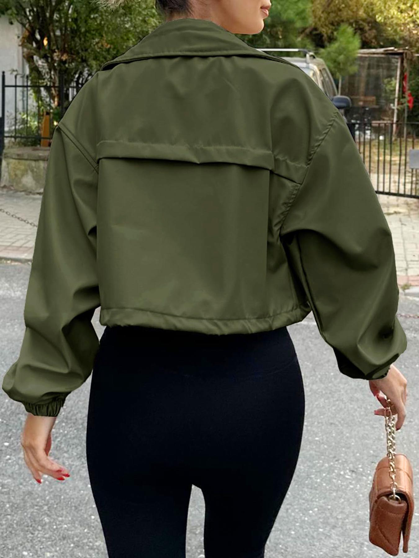 ASWULK Women's Cropped Jacket Zip Up Lightweight Oversized Utility Coat with Pockets for Spring and Fall Wear Adjustable Drawstring Snap Button Zipper