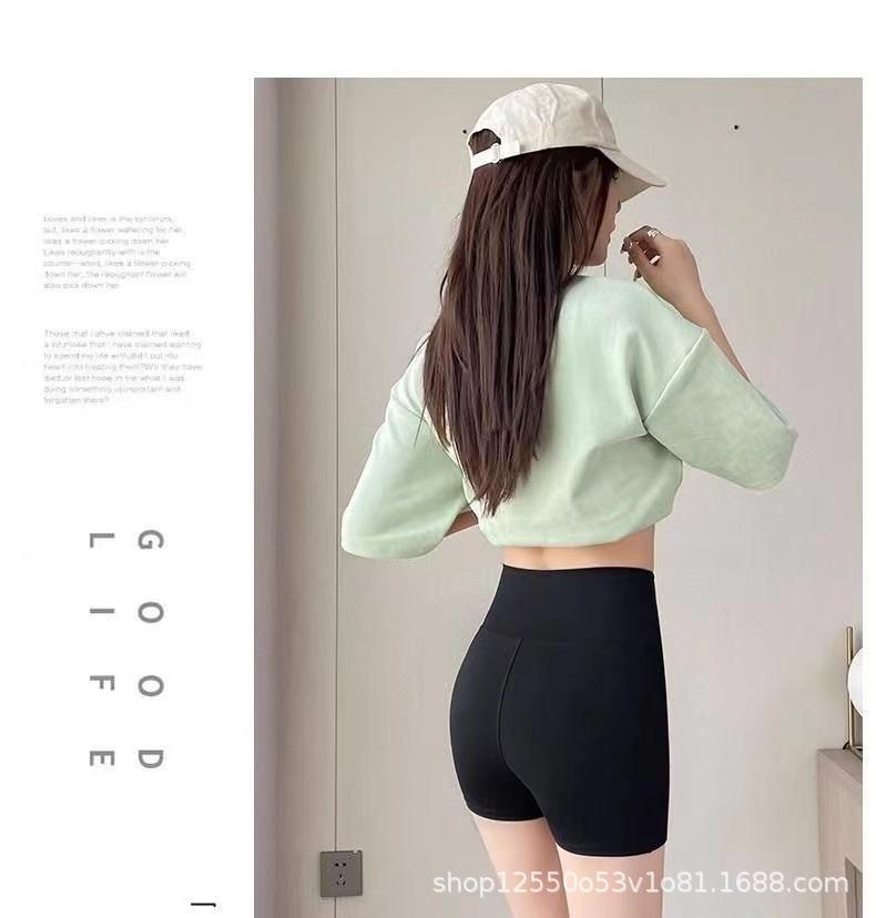 New pocket sharkskin leggings for women, anti-exposure, three-quarter length, high-waisted safety pants, tummy control, slimming yoga shorts
