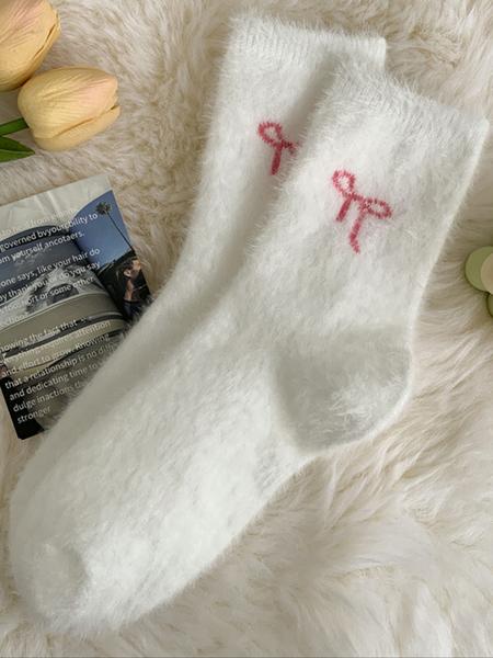 Women's Winter Socks Set, 5 Pairs Faux Fur Butterfly Knot Design, Cute Sweet Mid-Calf Sleepwear Warm Thickened Socks for Women