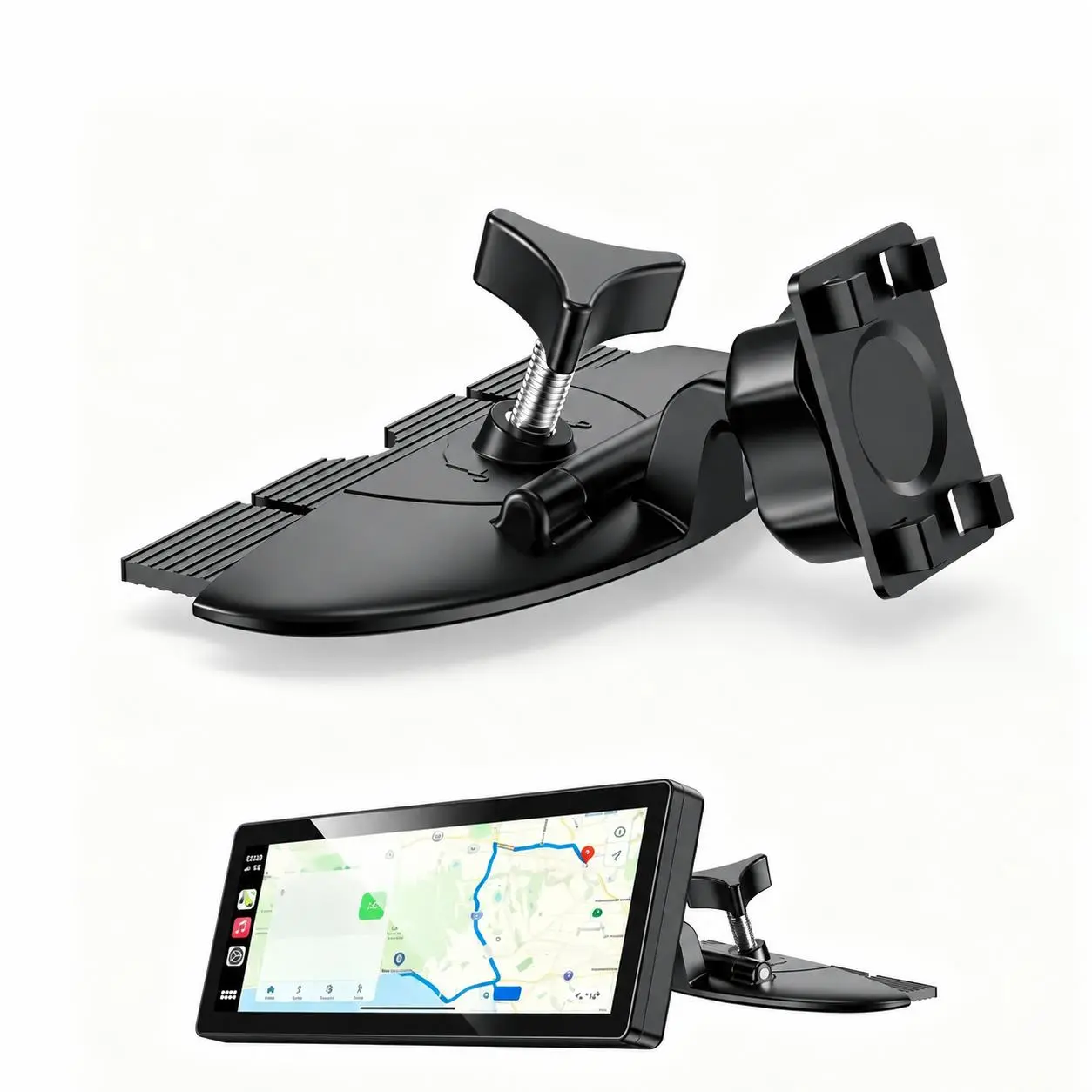 CarPlay Screen CD Slot Mount - Car Gadgets Dashboard Mount Accessory, 4-Button Secure Lock, Omnidirectional 360° Rotatable Clamping Holder for GPS Monitor Screens
