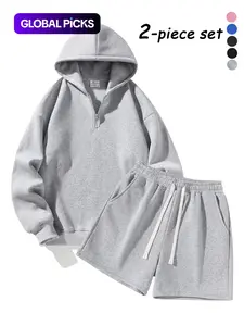 Unisex's Half-Zip Hoodie with Shorts, Basic Style Sporty Plain Comfortable and Warm Sports Two-Piece Set, Athleisure Set, Tracksuits for Jogging, Running and Workout, Suitable for Daily Wear & Outdoor Activities, Casual Activewear Set