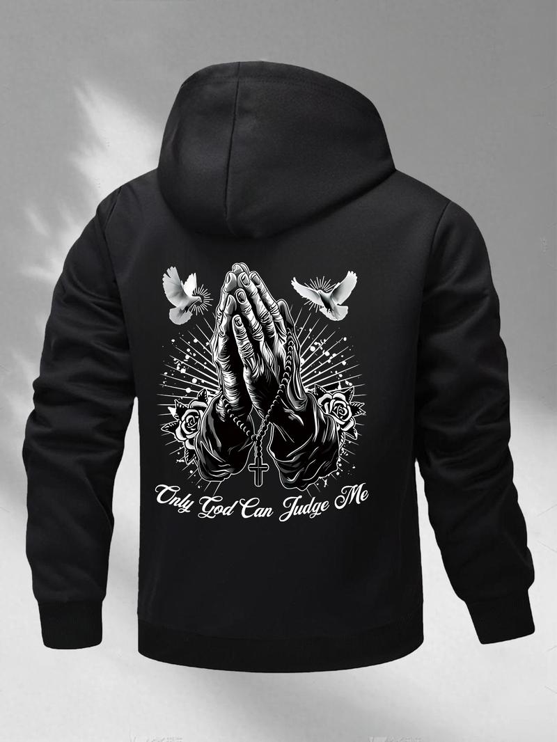 Trendy Religious Hoodie with 'only God Can Judge Me' Print, Casual Fitted Design, Winter Cartoon Pattern, Streetwear Style