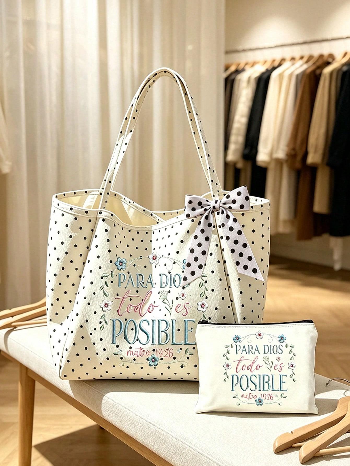 All For God Floral Polka Dot Tote Bag Set, White Dot Bow Faith Bible Shoulder Bag with Embroidered Wreath Makeup Pouch, Spanish Scripture Handbag for Church Travel Gift