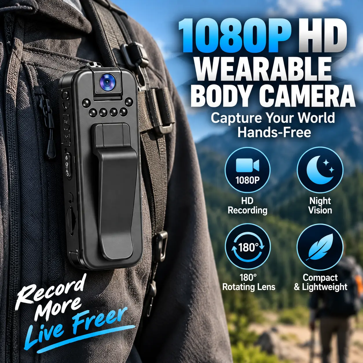 1080P Wearable Body Camera with Night Vision, 180° Rotating Lens and Compact Clip-On Design, Hands-Free Mini Video Recorder for Travel, Outdoor Activities, Daily Life and Vlogging