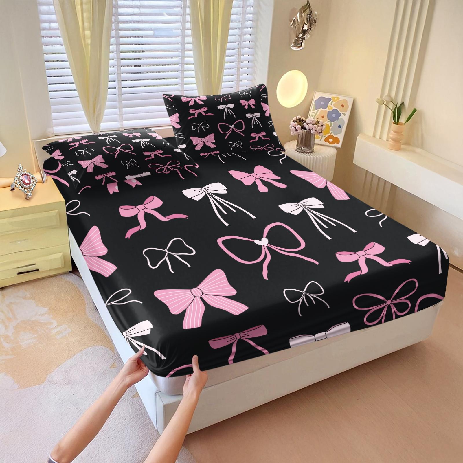 3Pcs Lovely Coquette Bow Printed Fitted Sheet Set, Sweet Y2K Style Bed Sheet Set, Soft Wrinkle-Resistant Microfiber, Vibrant Digital Print, Deep Pocket Design, Ideal for Girls Bedroom, Dorm & Guest Room All-Season Decor - No Filling