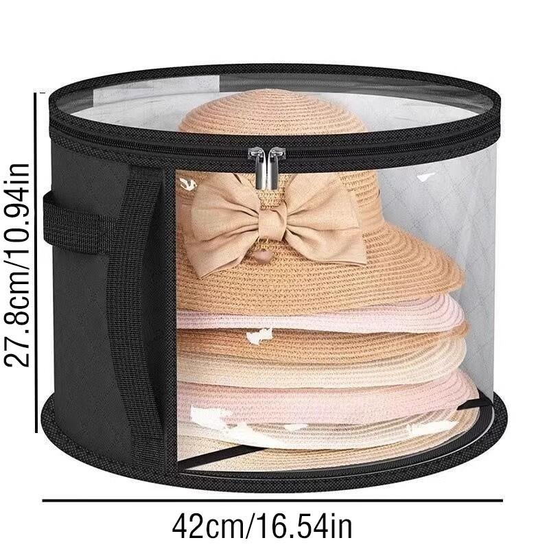 Stackable Round Hat Storage Bucket Organiser with Transparent Window, Flip-Top Access, Multi-Purpose Fabric Bag, Ideal for Beach and Travel