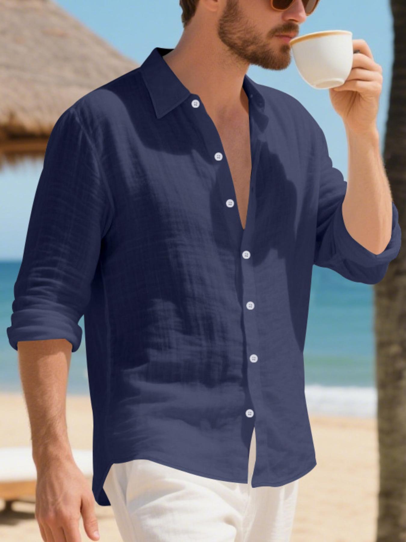 Men's Loose-Fit Linen Collared Shirt, Casual Long Sleeve Button-Down Top, Breathable Woven Fabric, Spring & Fall Fashion, Ideal for Beach Vacation