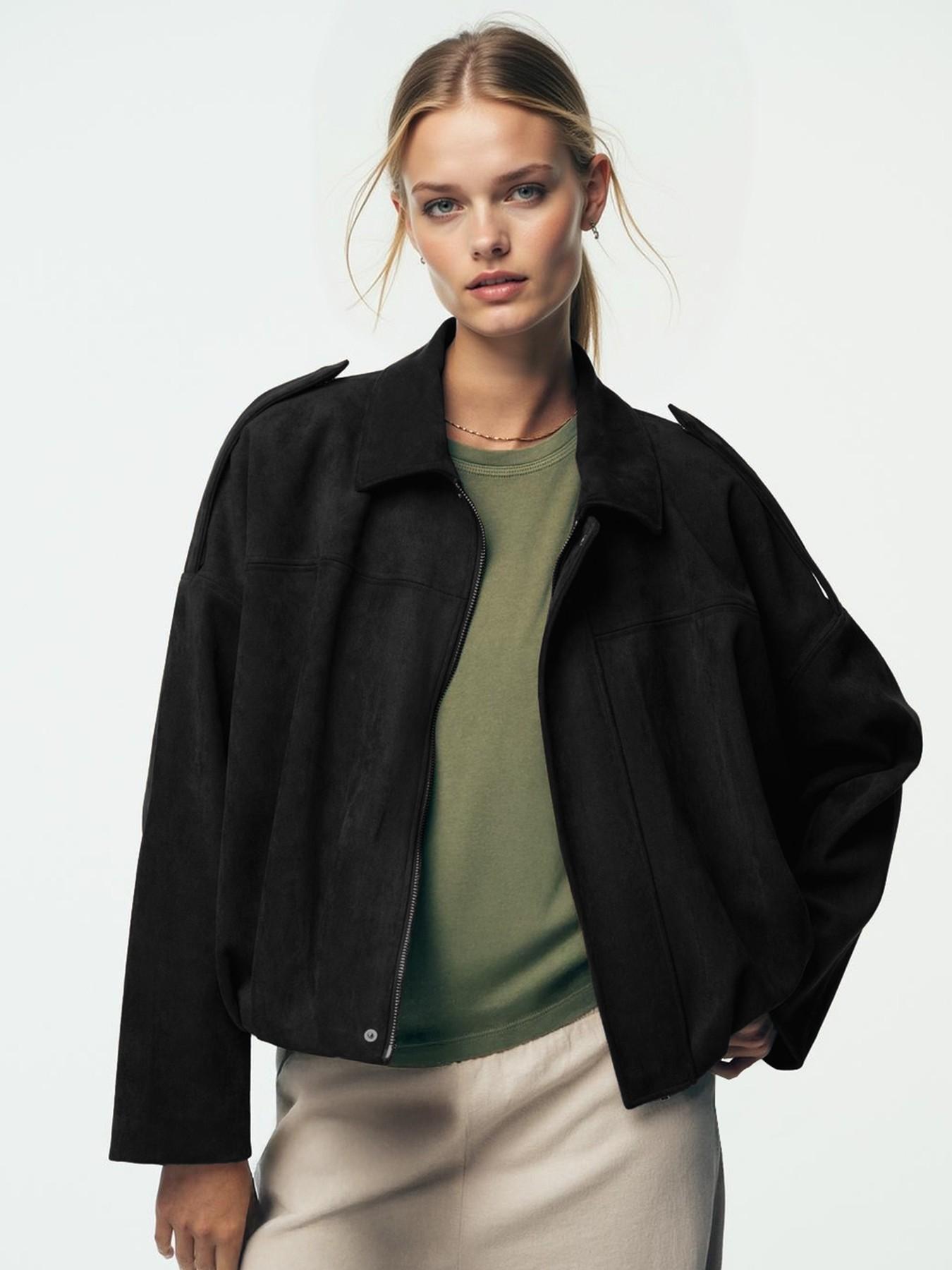 Women's Faux Suede Cropped Casual Jacket, Lapel Collar Loose Drop Shoulder Zip Up Casual Outerwear