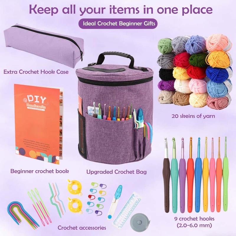 Complete Crochet Kit for Beginners, All-In-One Starter Set with 20 Yarn Colors, Crochet Hooks, Instruction Book & Organizer Bag