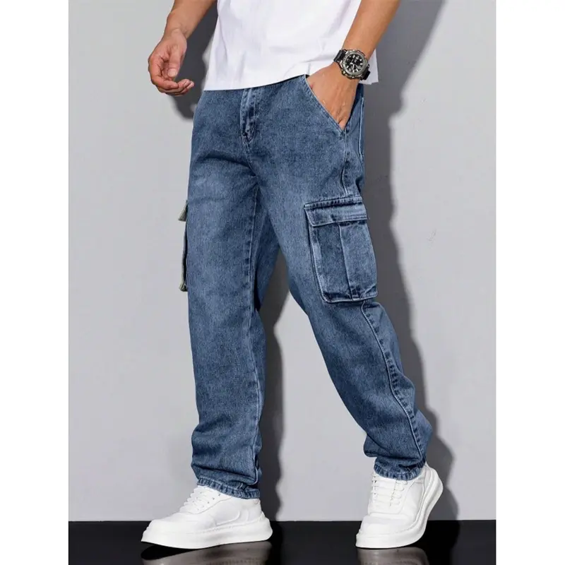 H002  Men's Loose-Fitting Solid Denim Pants Jeans - Cotton Blend, Full Length Straight-Leg Trousers, Casual Workwear, Versatile Pocket Design, Multi-Size