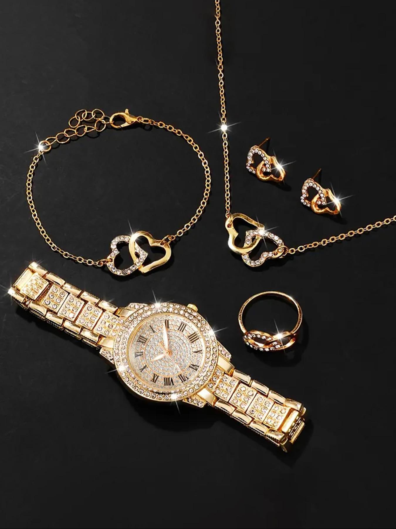 Women's Elegant Fashion Watch & Jewelry Set, Round Dial Analog Quartz Watch & Bracelet & Necklace & Ring & Earrings, Exquisite Watch Set with Box, Fashionable Jewelry Set