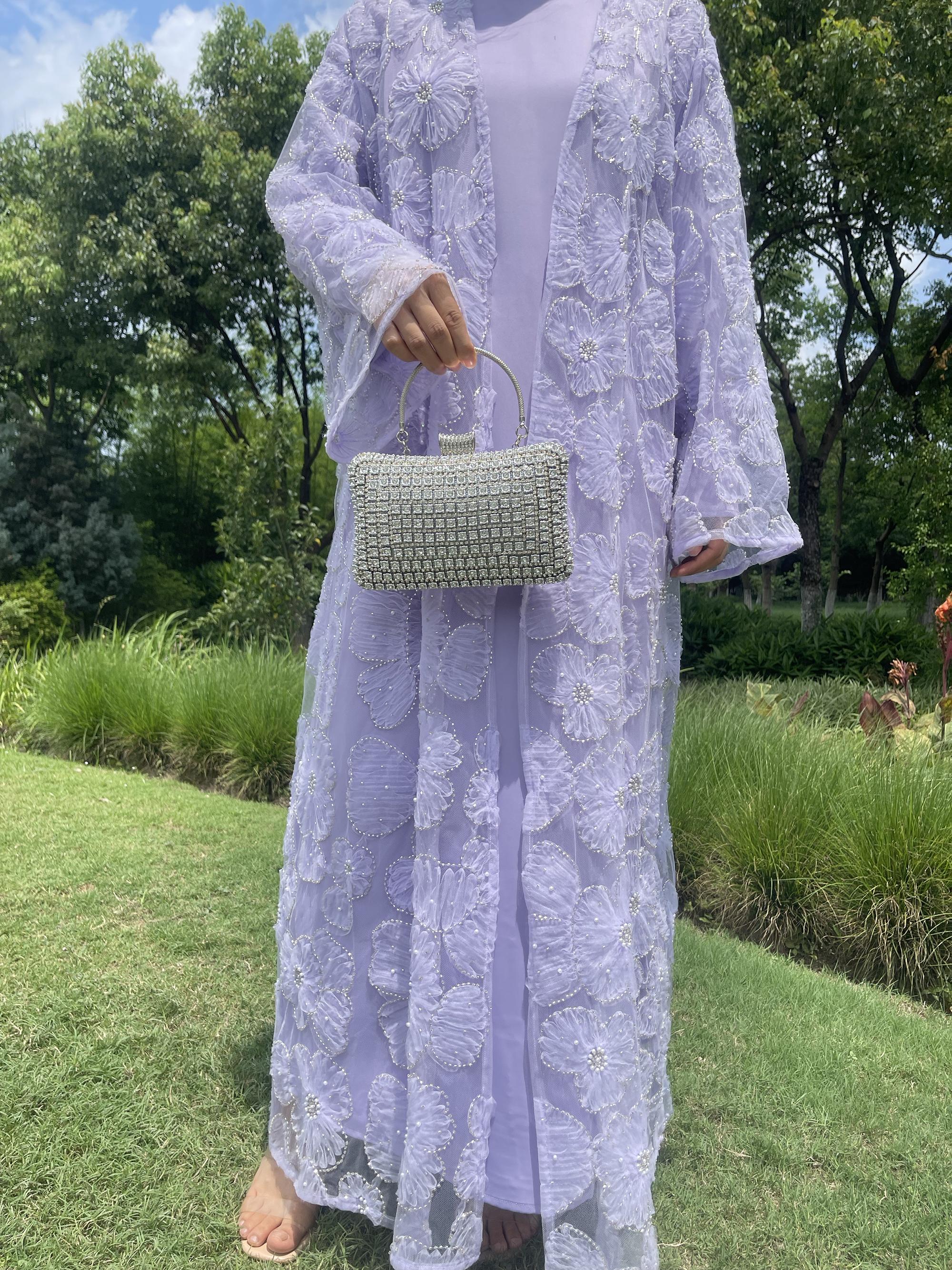 Women's 2-Piece Open Floral Embellished Abaya Floral Beaded Coat Set, Satin Lined Dress (Open Abaya + Inner Dress), Stylish Spring & Fall