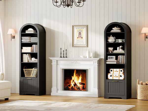 HOOBRO 71" Tall Arched Bookshelf, 6-Tier Narrow Arched Bookcase with File Drawer, Farmhouse BookShelf with Adjustable Shelves, Wooden Bookshelf with Open Display Shelves for Living Room, Office, Black