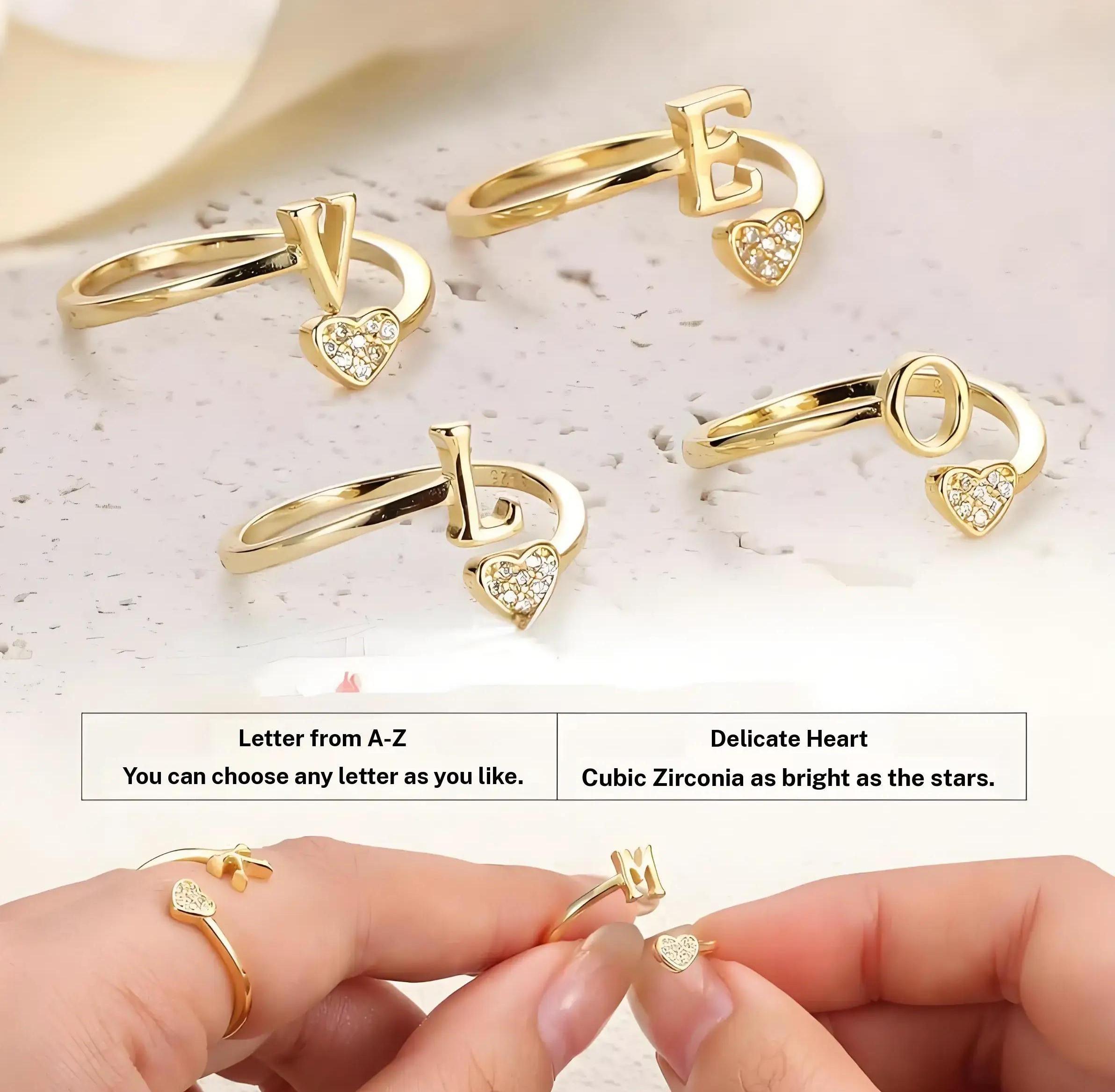 Heart Initial Letter Ring, Stackable Women's Adjustable Alphabet Rings, Cute Heart Shaped Letter Ring A-Z, Fall Fresh Style