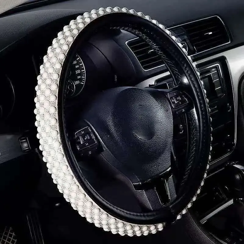 Universal Luxury Pearl Steering Wheel Cover Sparkling Rhinestone Crystal Leather Wheel Protector Non-Slip Glam Car Interior Accessories Gifts for Women Girls