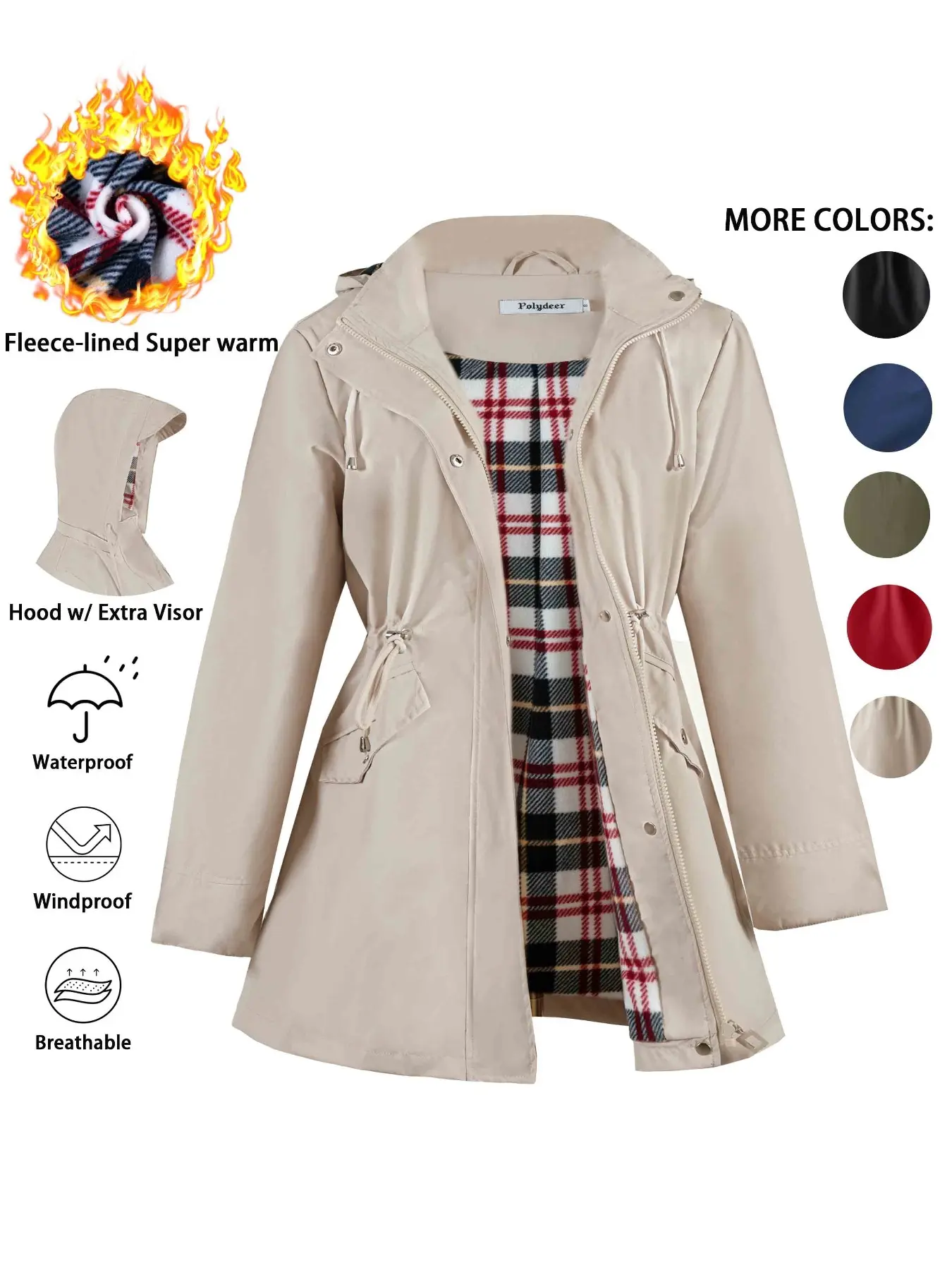Women's Waterproof Rain Coat with Soft Fleece Lining, Warm Winter Outerwear for Cold Weather, Stylish Check-Lined Design, Ideal for Everyday Use