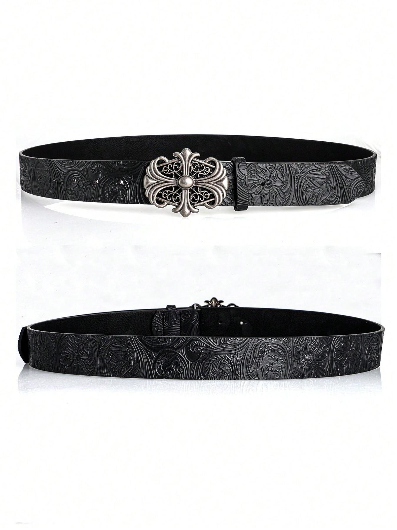 1pc Boho-Chic Faux Leather Belt with Vintage Oval Hollow Buckle, Stylish Accessory for Jeans Dresses & Casual Wear
