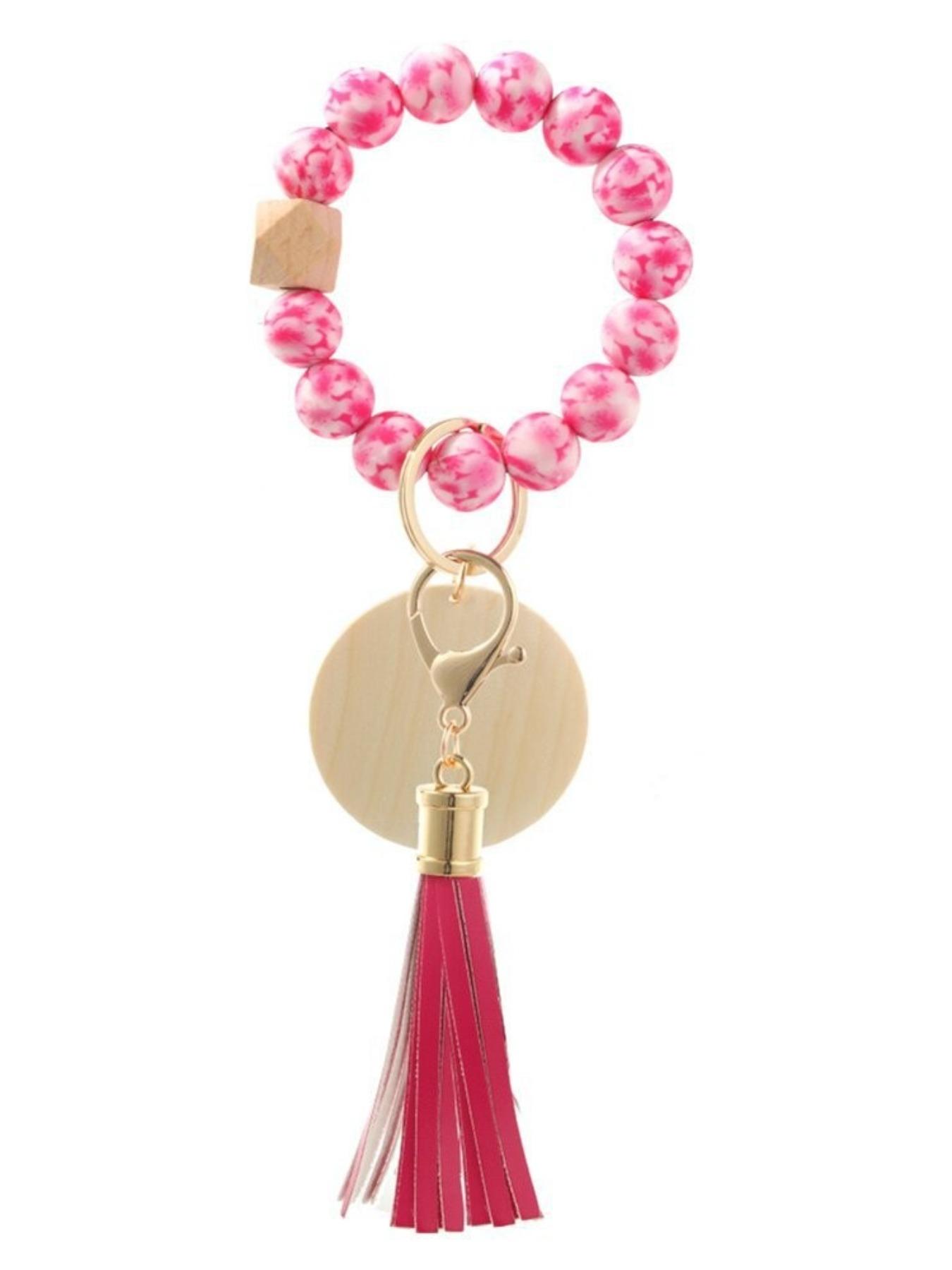 Women's Leopard Print Silicone Bead Wood Bead Tassel Bracelet Keychain, Printed Silicone Bead Wood Slice Wrist Keychain Logo Wooden Plate