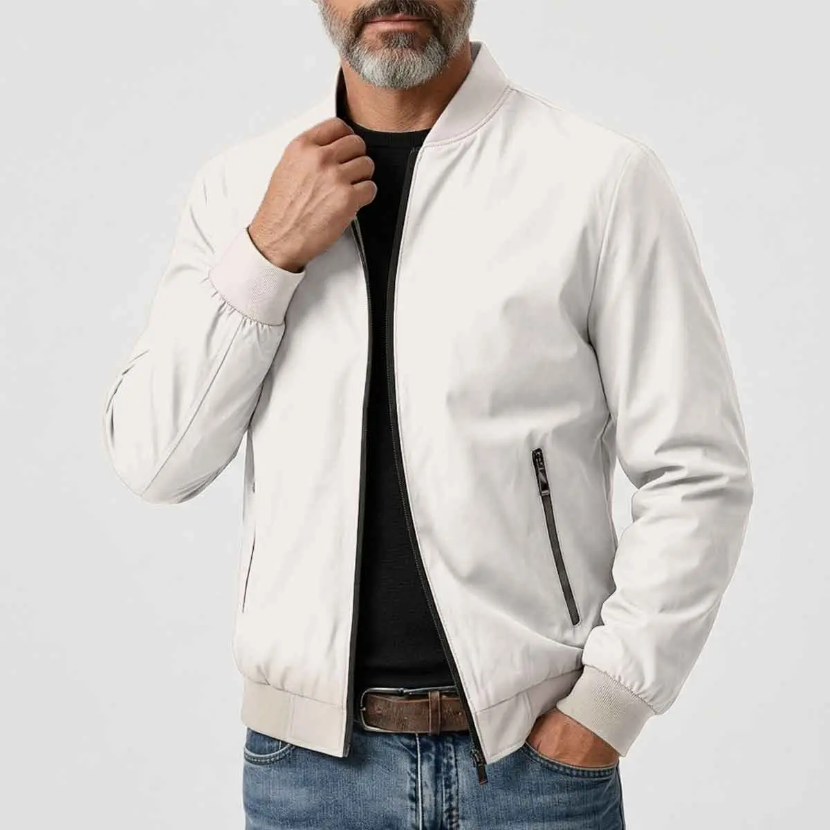 Men Navy Stand Collar Full-Zip Bomber Jacket, smooth solid outer shell, ribbed collar, cuffs and hem, side zipper pockets, structured casual outer layer for daily outings and smart casual street-style outfits