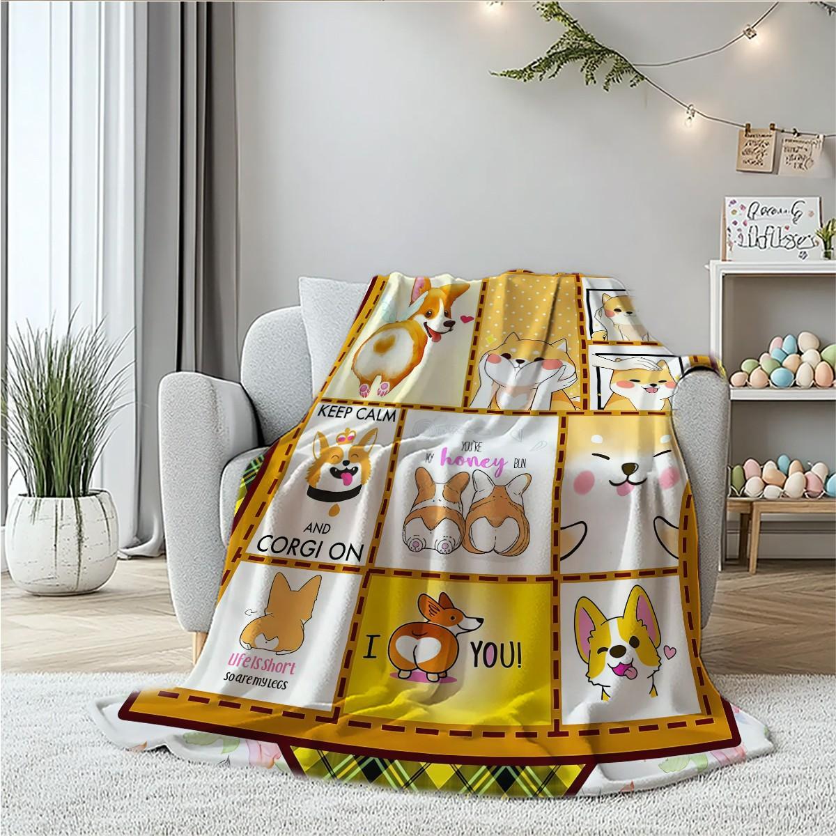 Cute Corgi Patchwork Flannel Blanket, Multifunctional Camping Travel Throw, Room Decoration Blanket, All Seasons Gift Blanket