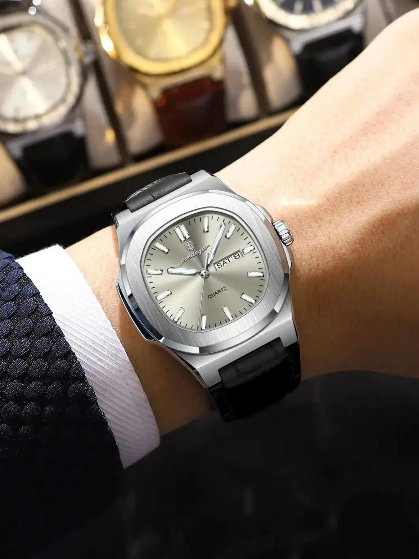 Men's Quartz Watch, Waterproof Design, Date & Day Display, PU Leather Band, Perfect Gift for Him, Sporty Style Timepiece, Casual Analog Watch