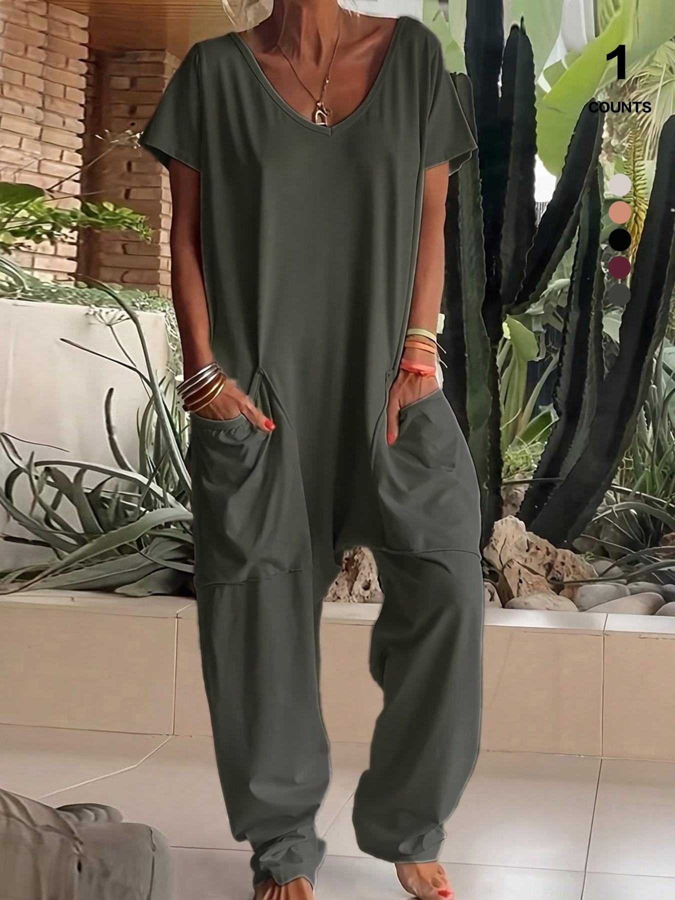 Women's Summer V-Neck Oversized Minimalist Jumpsuit, Sexy Backless Loose Fit Harem Pants, Casual Streetwear for All Seasons Womenswear